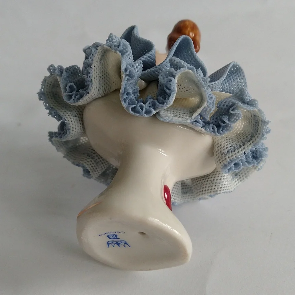 Vintage Dresden Lace Lady Figurine Ballerina Dancer Blue White Porcelain